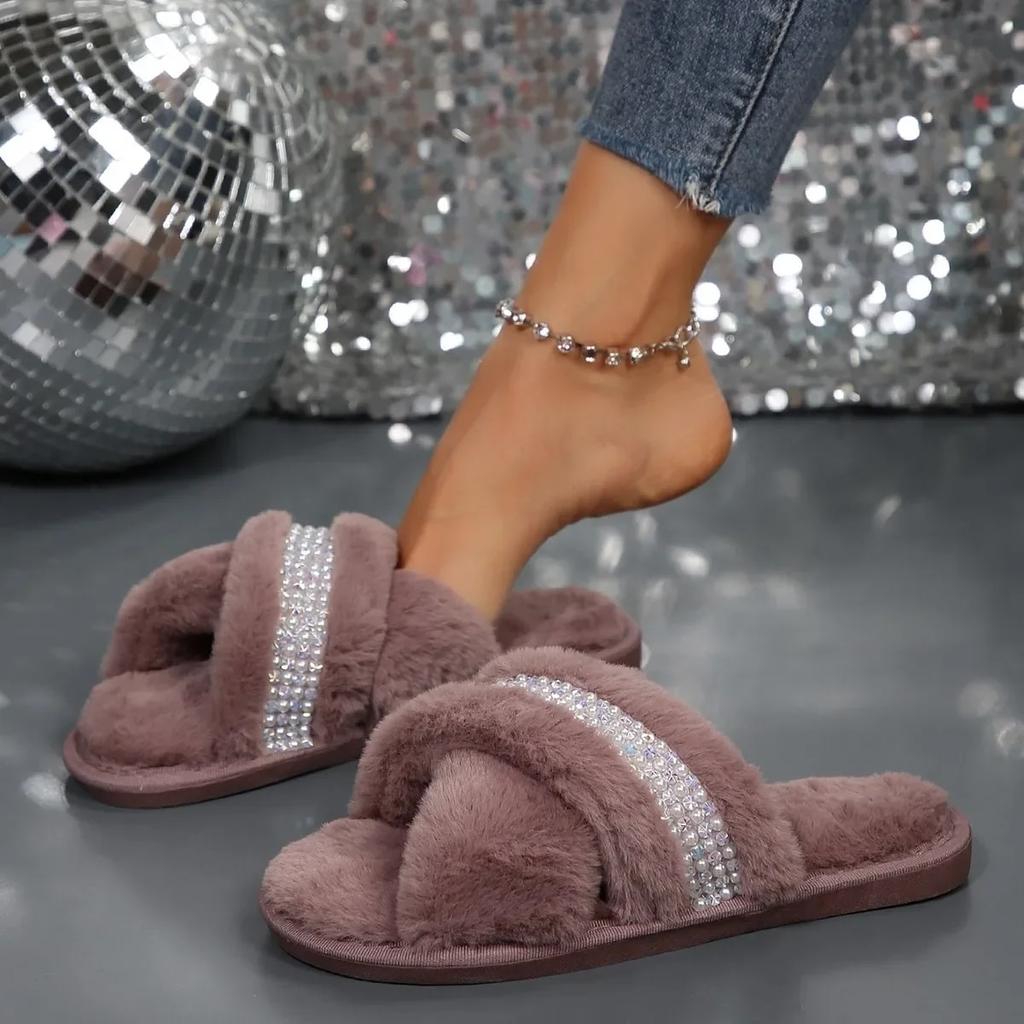 Женская обувь на плоской подошве на низком каблуке, женские милые теплые плюшевые тапочки, женские шлепанцы с жемчугом, милые пушистые меховые тапочки с перекрестной завязкой