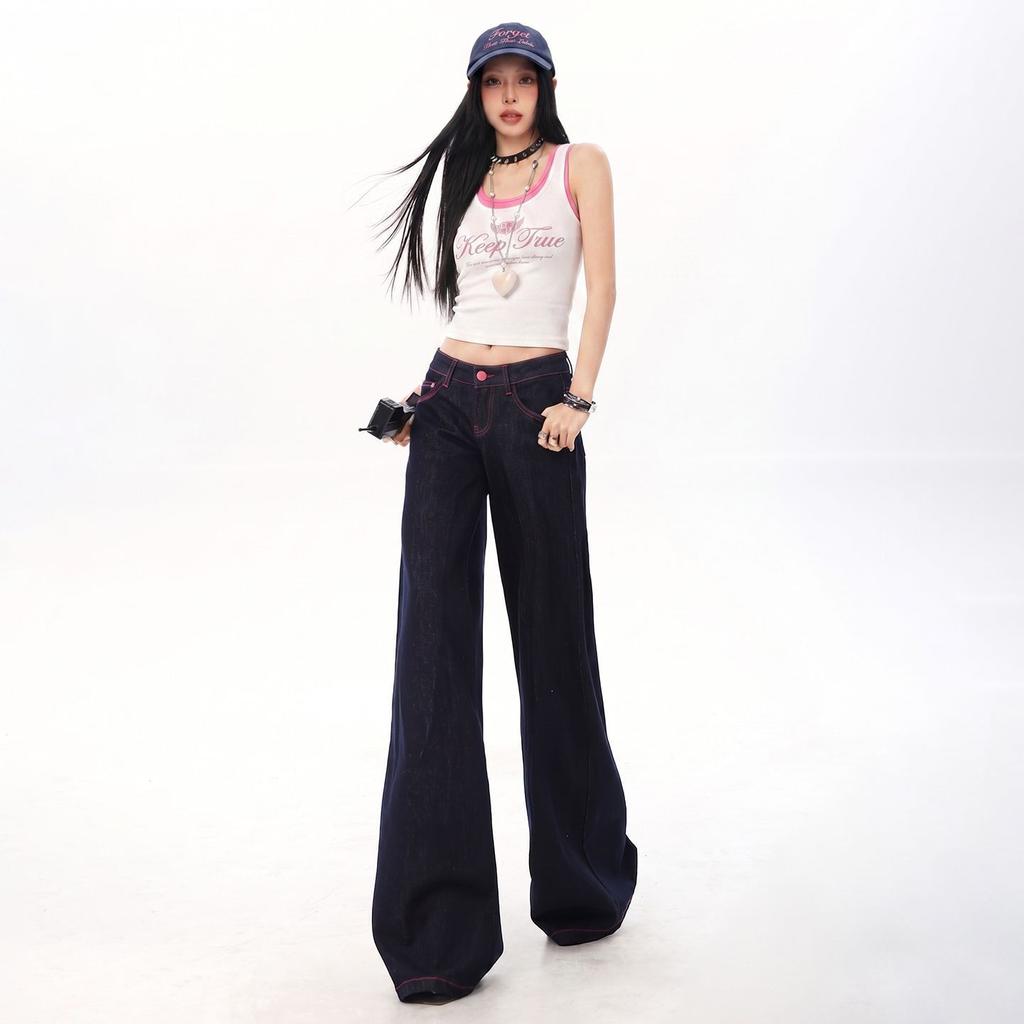 American retro Tencel wide-leg original cow jeans women's summer thin low-rise Spice Girl casual micro-pull pants