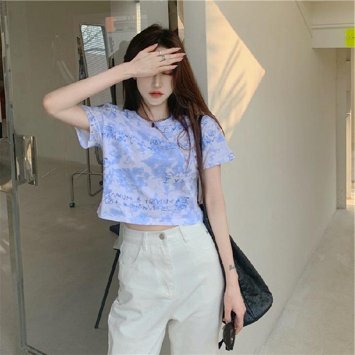 Women's Summer 2024 Korean Tie-Dye Crop Top - Loose, High-Waist, Navel-Baring Short-Sleeve T-Shirt