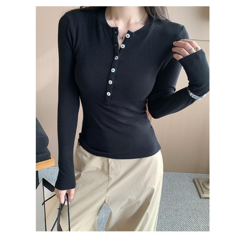 Women S Long Sleeve Knit Top Half Button Henley Neck Slim Fit Base Layer