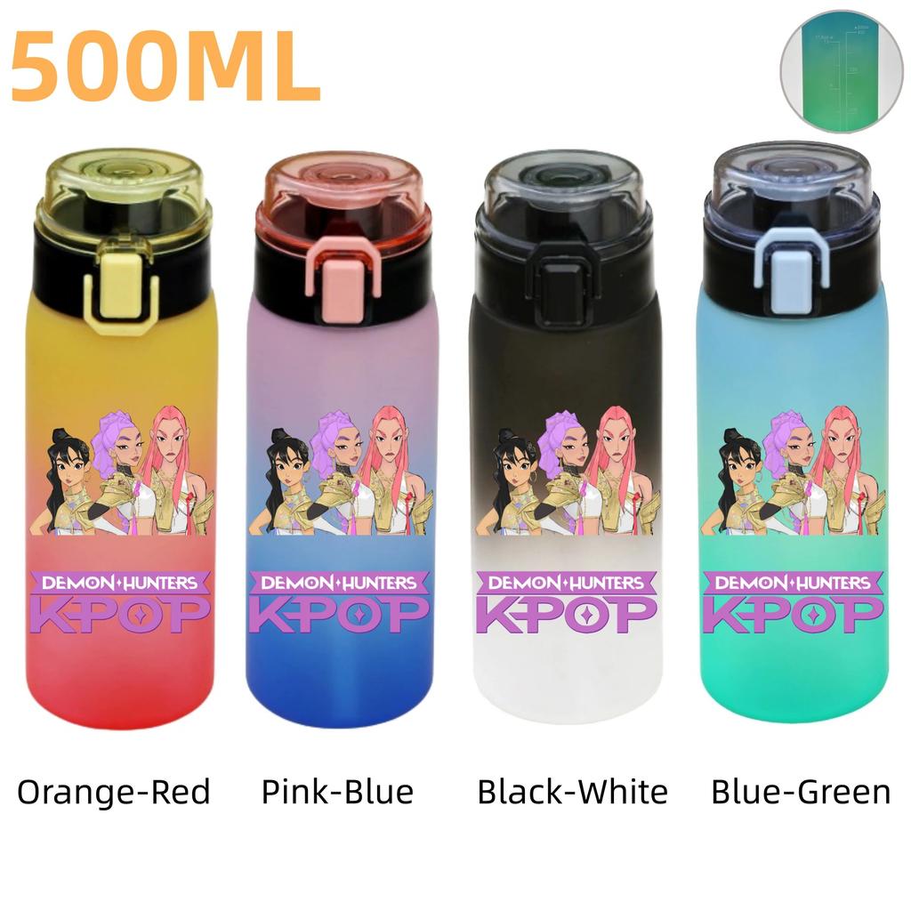 500ML KPop Demon Hunters Plastic Anime Water Cup Has Scale Travel Office Gym Hiking Portable Drink Bottles Outdoor Sport Gifts