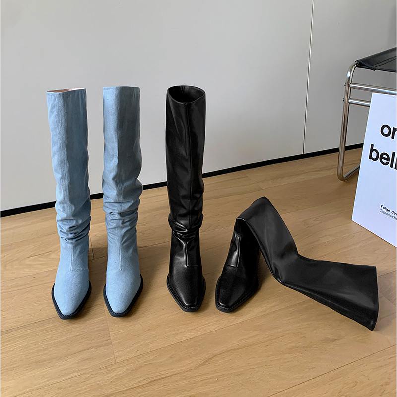 Krazing Pot Джинсовая осенне-зимняя обувь, круглый носок, толстый средний каблук, без шнуровки, плиссированные сапоги в стиле вестерн, женские сапоги до бедра