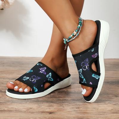 Модные тапочки с принтом бабочек, большой размер 43, женские легкие повседневные шлепанцы на плоской подошве 2024 года, женские сандалии с открытым носком в стиле ретро