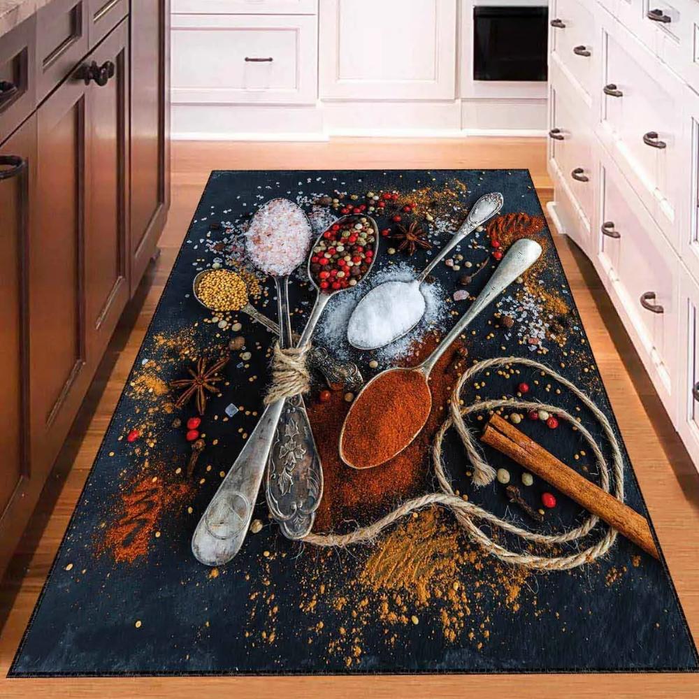Colorful Kitchen Rug Decorated with Spices, Stain-Resistant, Easy-to-Clean Spice Patterned Kitchen Rug