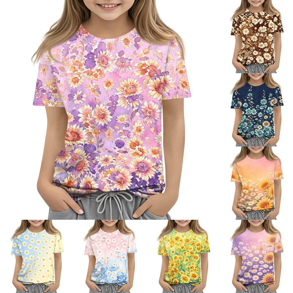 Children Floral Print Crew Neck Short Sleeve Casual Loose Fit T Shirt Top Comfortable Lightweight Fabric Suitable for Everyday Wear