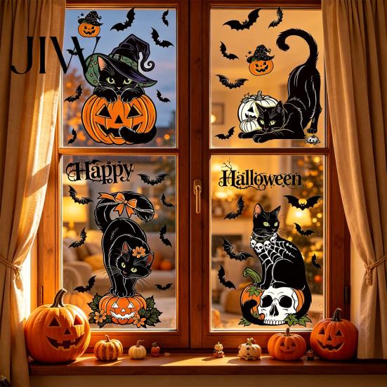 Seasonal Window Adsorption 4 Sheets Halloween Black Cat Clings, Spooky Pumpkin Reusable Sticker Sticker, Double Sided Static Decals for Glass