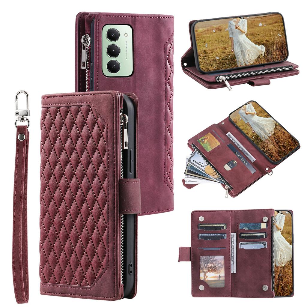 For Xiaomi Redmi 15 5G (EU) (171mm)/4G (EU) (171mm) Wallet Case Rhombus Stitching Line PU Leather Phone Cover with Wrist Strap