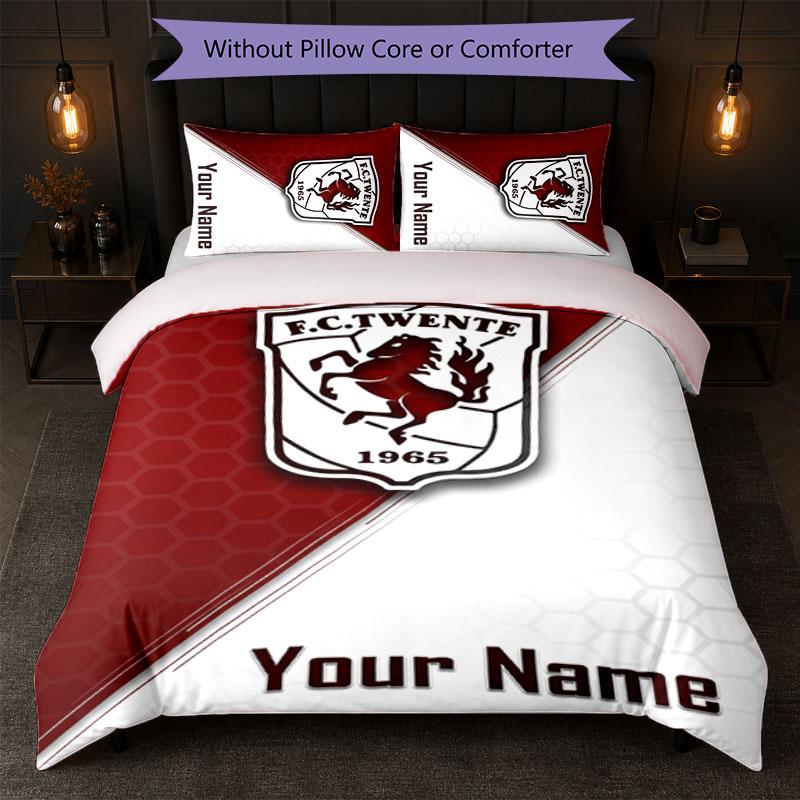 FC Twente Custom Name Text Bedding Set 1 Duvet Cover+2 Pillowcases Soccer Logo Personalized Gift For Special Occasion Bedroom Decor