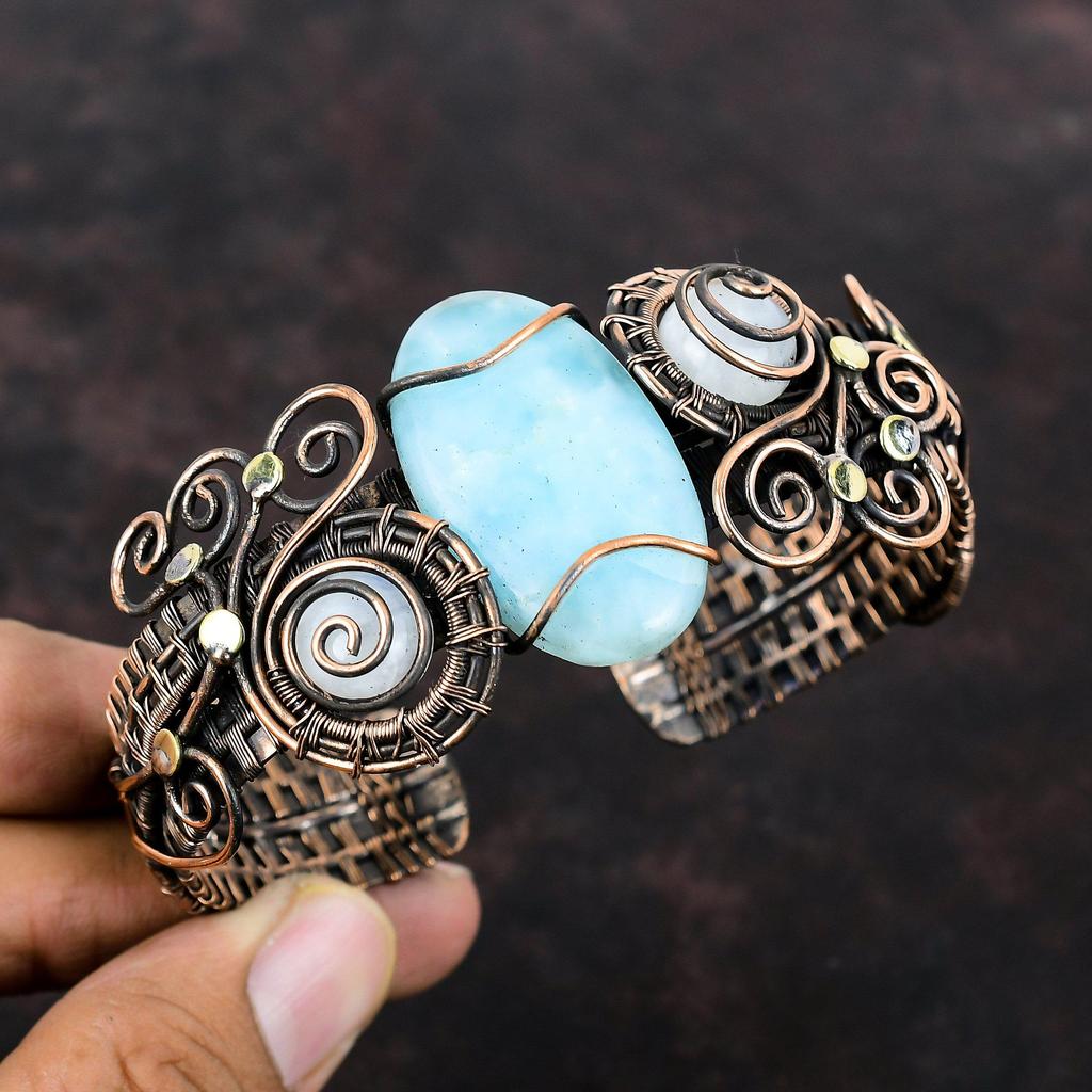 Браслет-манжета с гемиморфитом, браслет-манжета из медной проволоки, браслет-манжета из лунного камня, ювелирные изделия из драгоценных камней, регулируемый браслет ручной работы, подарки на годовщину