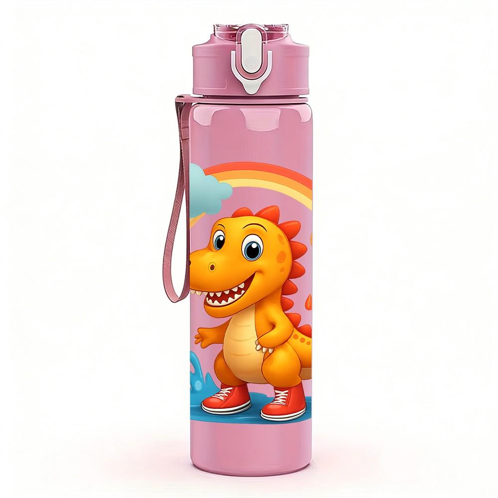 1PC Cute Rainbow Dinosaur Cartoon 750ml Color Plastic Sports Water Bottle Leakproof Flip Straw Lid Suitable for Sports Office Home Use