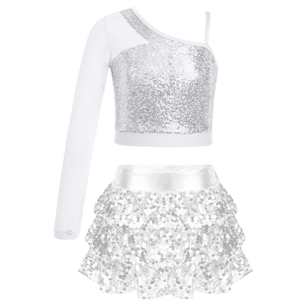 Kids Girls Dance Stage Performance Costume Sparkly Sequins Long Sleeve One Shoulder Top with Tiered Ruffle Skirted Shorts