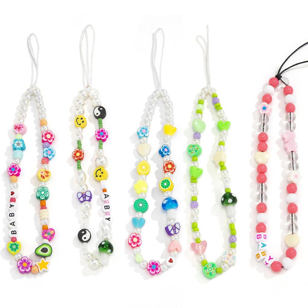 Imitation Pearl Glass Flower Color-Block Round Bead Phone Chain Fashion Trendy Star Mushroom Bag Pendant