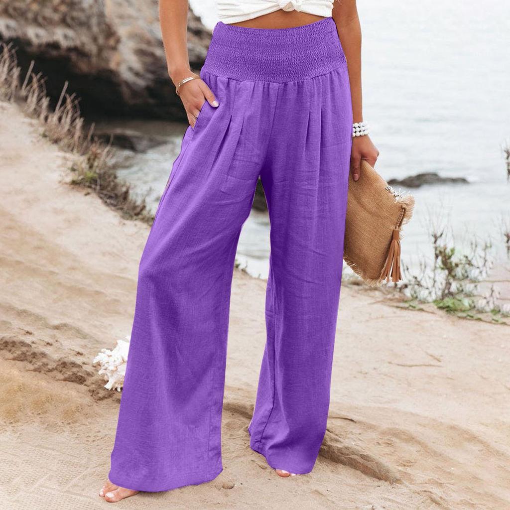 Women's Casual Loose High Waist Cotton Linen Wide Leg Long Pants With Pockets