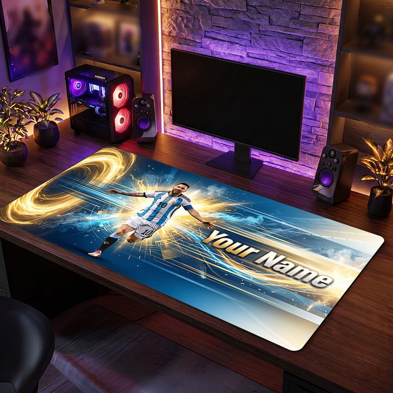 Lionel Messi Custom Large Mouse Pad, Personalized Name Text Print, Football Logo Non‑Slip Desk Mat Gaming Gift