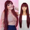 Long Straight Red Wine Wig with Bangs Synthetic Fiber Black Brown Ombre Color Daily Wear Long Wig for Women