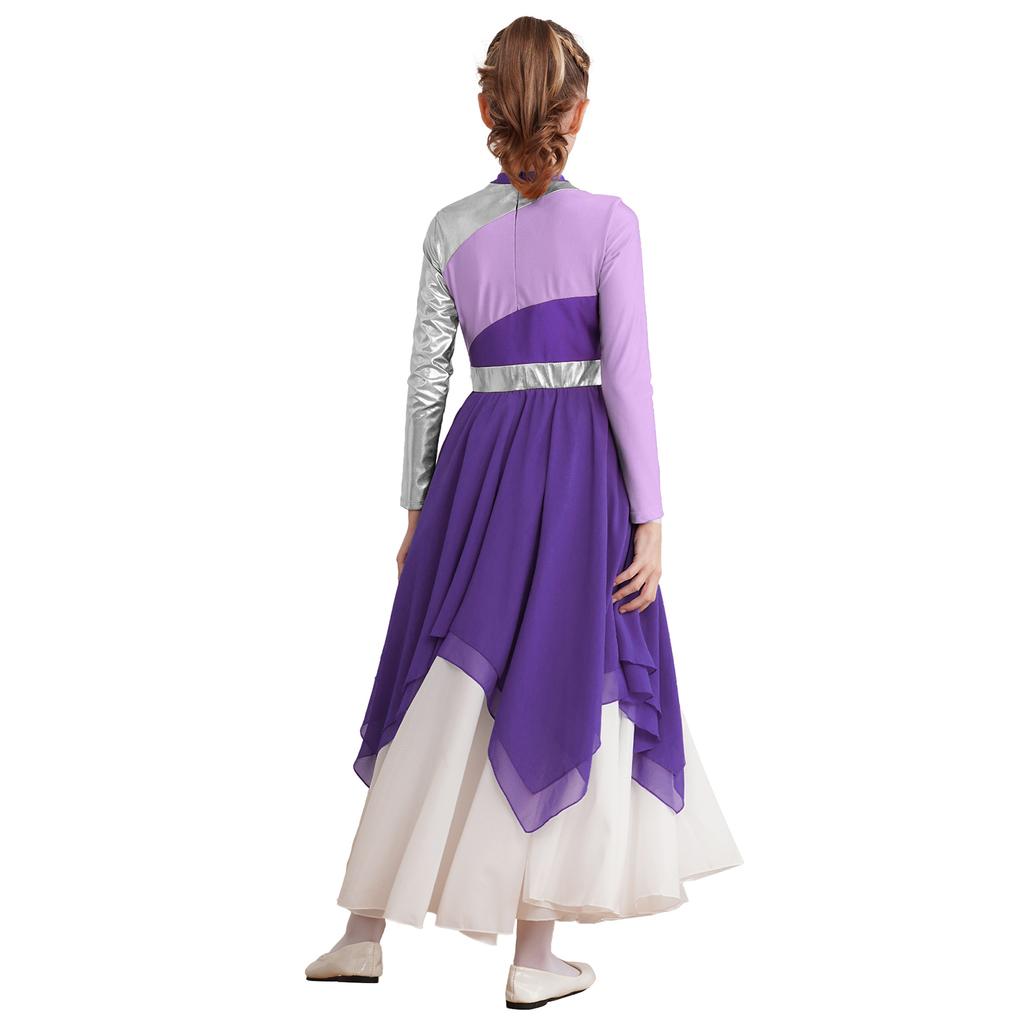 Платье для танца хвалы для девочек, с длинным рукавом, асимметричным шифоновым подолом, контрастным дизайном, костюм для лирического танца