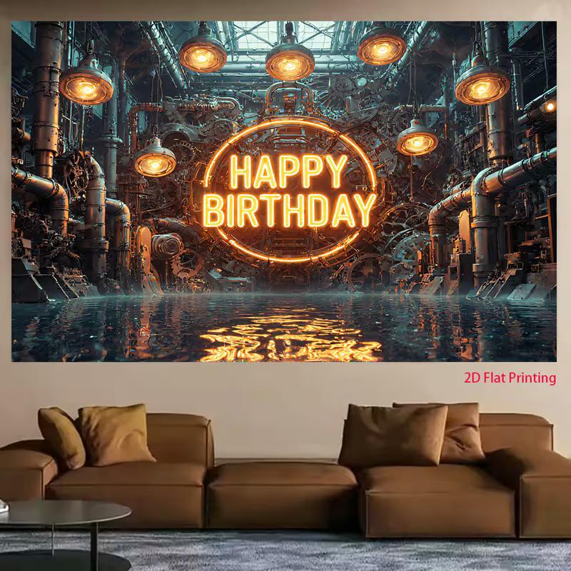 2D Steampunk Style Happy Birthday Backdrop with Water Reflection