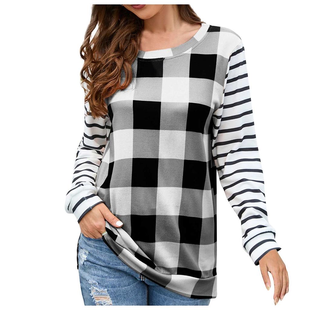 Женская модная повседневная клетчатая плюшевая футболка с круглым вырезом и длинным рукавом