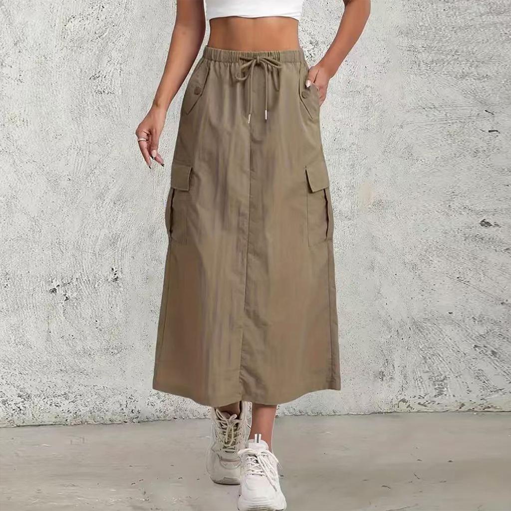 Женская модная однотонная юбка А-силуэта с эластичной талией на кулиске, карманом и разрезом сзади