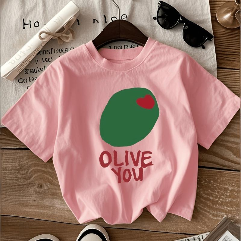 Девочки "OLIVE YOU" Милая футболка с принтом оливок, с круглым вырезом, с коротким рукавом, Универсальный повседневный топ для всех сезонов