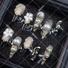 Elegant Black Press-On Nails With Pearl Floral Embellishments Vintage-Inspired Reusable Acrylic Nail Tips Women