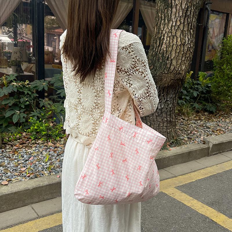 Candy Color Plaid Women's Shoulder Bags Large Capacity Women's Shopping Bag Cute Bowknot Female Travel Handbags Book Tote Purse