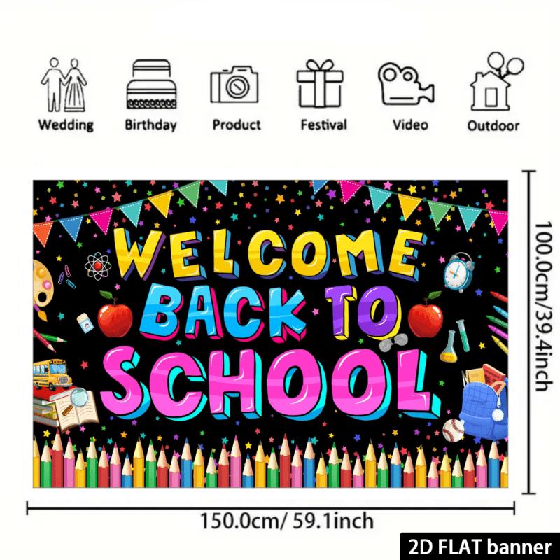 Welcome Back School Banner - Classroom decoration featuring pencil and apple patterns, 2D flat design.