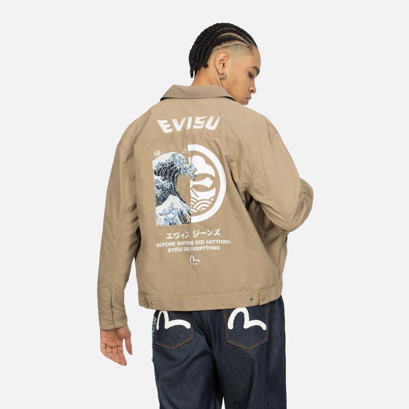 Evisu SS24 Куртка оверсайз с вышивкой 'Волна' и принтом 'Семейный цветок' Мужские куртки Бежевый 2ESHTM4JK7009LFSN