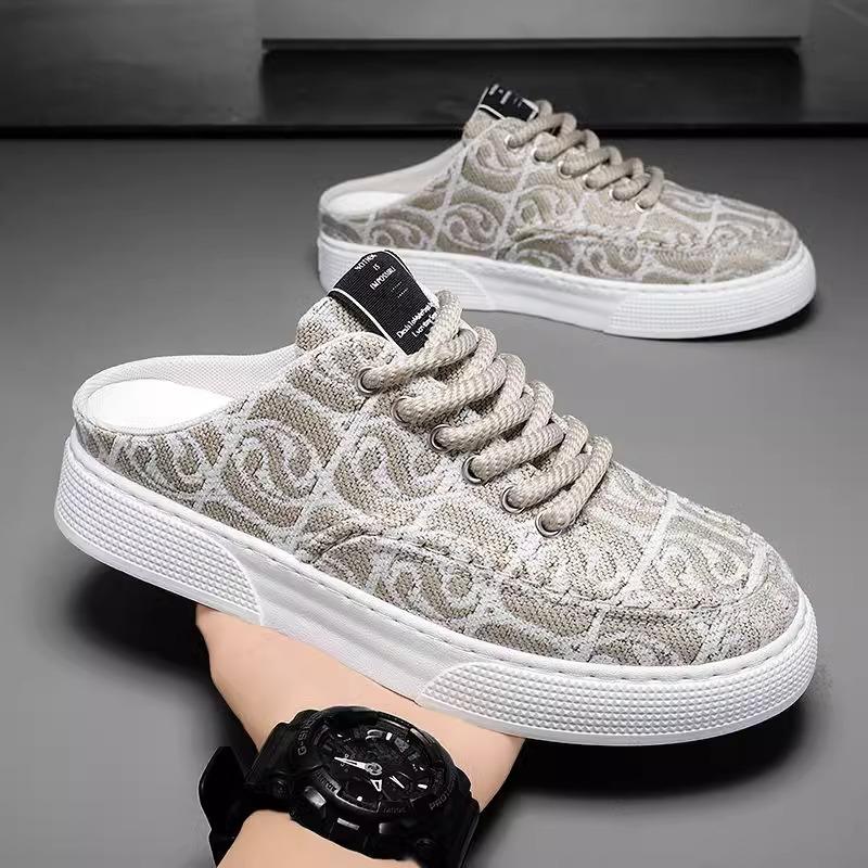 Summer Men Sandals Retro Print Canvas Shoes Indoor Men's Casual Home Mules Outdoor Flat Baotou Half Slippers Chef Shoes