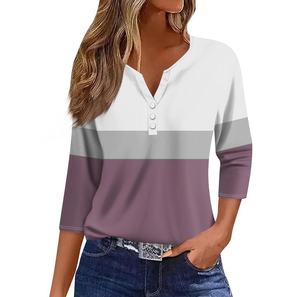 Жен. Футболка Футболка С принтом Пуговицы Рукав 3/4 Повседневные Выходные Мода Классический V-образный вырез Обычный Топ