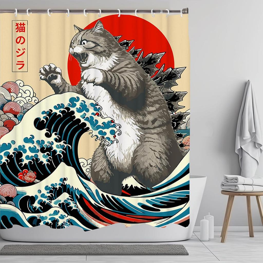 Japanese Cat Shower Curtain, Vintage Anime Sunset Wave Art, Waterproof Fabric With Hooks