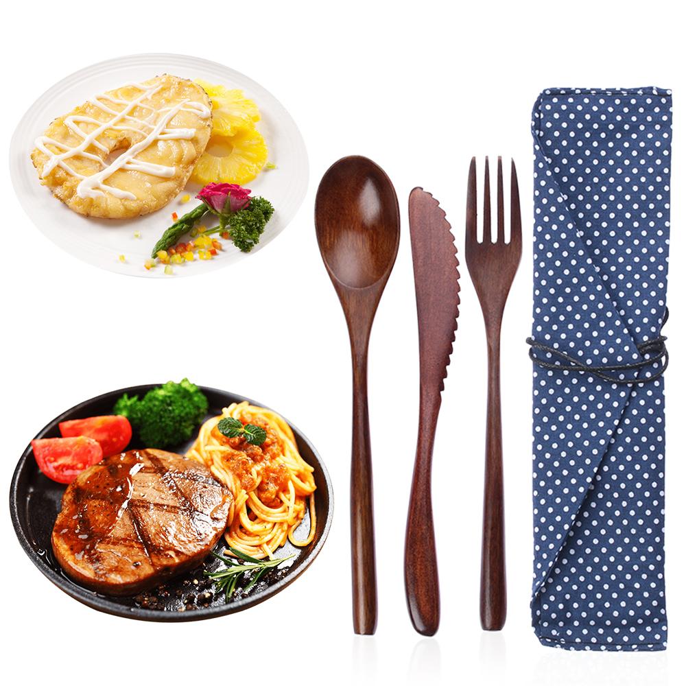 New Spoon Fork Portable Reusable Bamboo Flatware With Bags Wooden Cutlery
