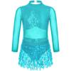 Girls Dance Costume Mesh Long Sleeve Shiny Sequins Hollow Back Patchwork Style Tassel Dress