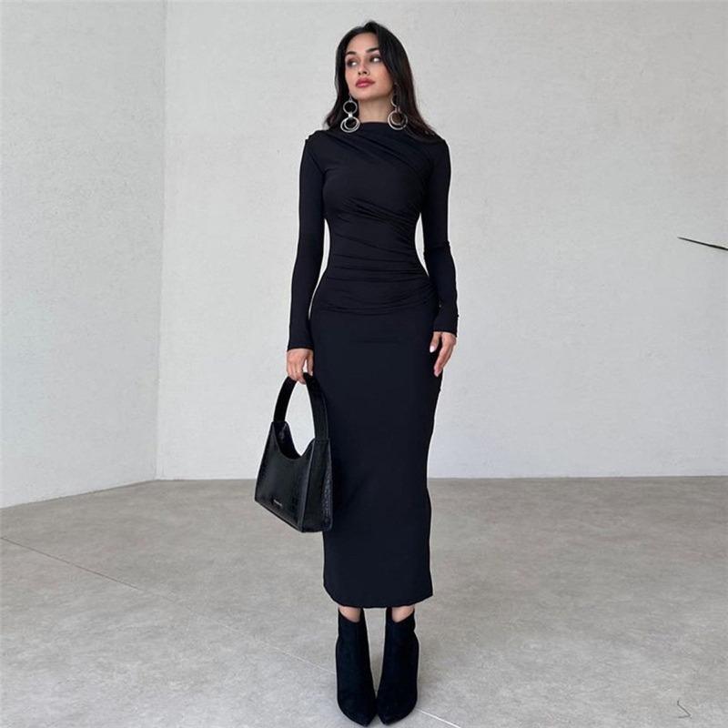 Spring Autumn Slim Fit High-end Feeling Solid Color Temperament Long Hip Hugging Dress for Women