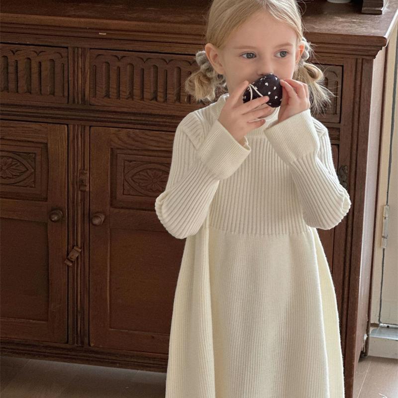 Girls Knitted Dress Autumn Winter New Children Gown Princess Solid Color Kids Fashion Sweater Dresses Baby Clothes