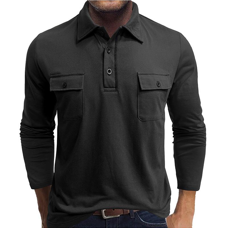 Men's Long Sleeve Polo Shirt with Button-Down Collar and Chest Pockets, Multiple Colors