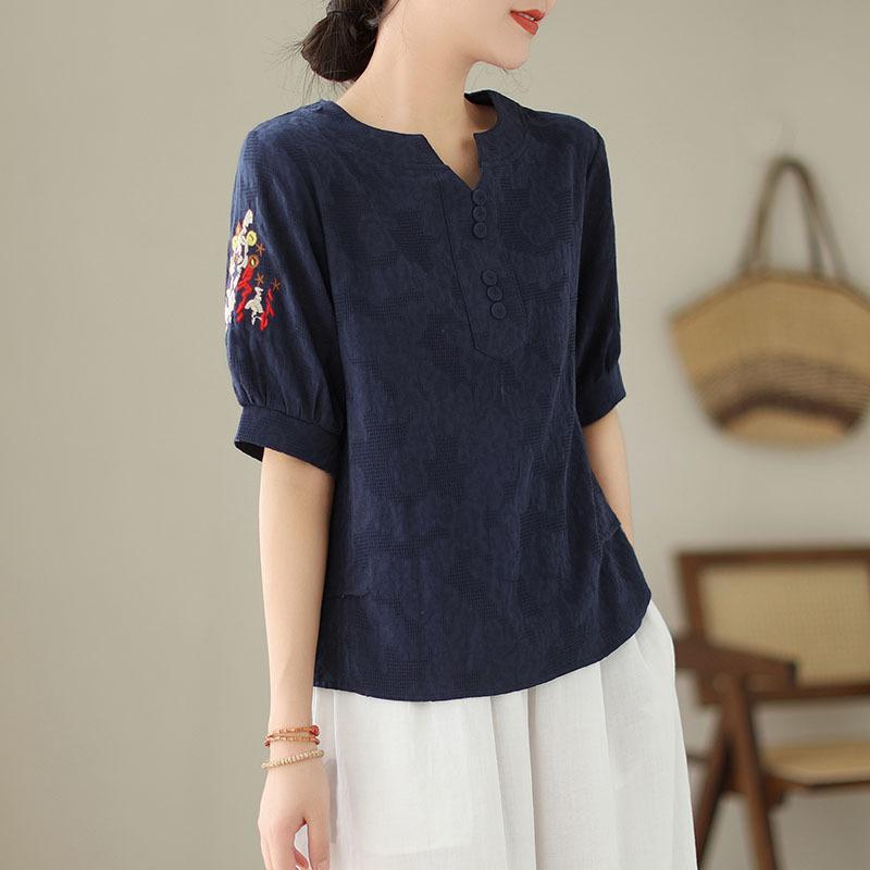 Summer Cotton Linen Jacquard Embroidered T-shirt Artistic Retro Casual Versatile Top for Women Blouses & Shirts