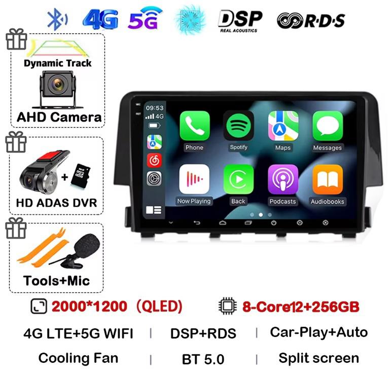Android 14 Беспроводной Carplay Auto Для Honda Civic 2016 2017 2018 2019 2020 Автомагнитола Стерео Мультимедийный Плеер GPS 4G+WIFI DSP