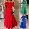 2025 Euro-American Trendy Off-Shoulder Ruffle Puff Sleeve Lace-Up Dress for Women