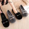 Fashion Winter Rabbit Fur Shoes Woman Big Size 34-43 Cotton Loafers Comfy Plush Moccasins Magic Wand Metal Decorate Fluffy Flats Female