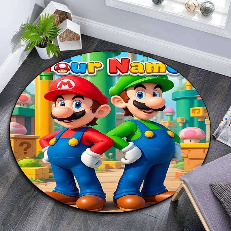 Custom Name,Mario&Luigi pattern round rug,Carpet Rug for Living Room Bedroom Playroom ,Non-slip Floor Mat,Holiday Gifts and Birthday Gifts.