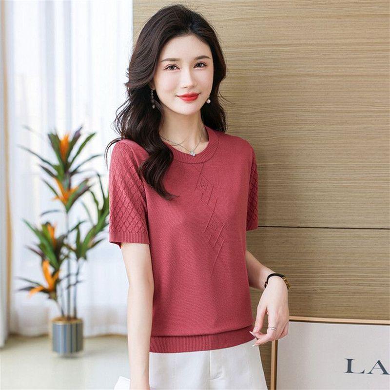 Женская летняя тонкая однотонная трикотажная футболка Hollow Ice Silk с коротким рукавом, новый модный топ с круглым вырезом