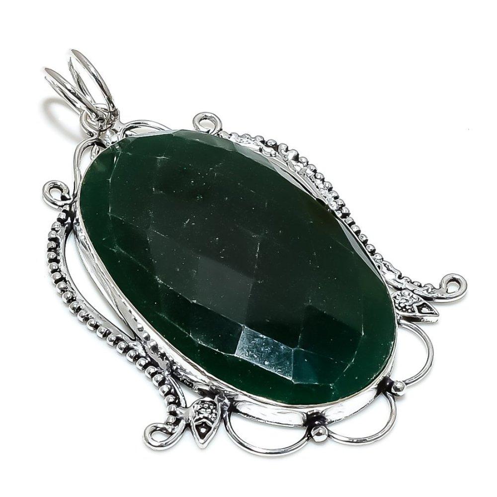 Emerald Natural Gemstone Handmade 925 Sterling Silver Pendant 3.15" C0y22