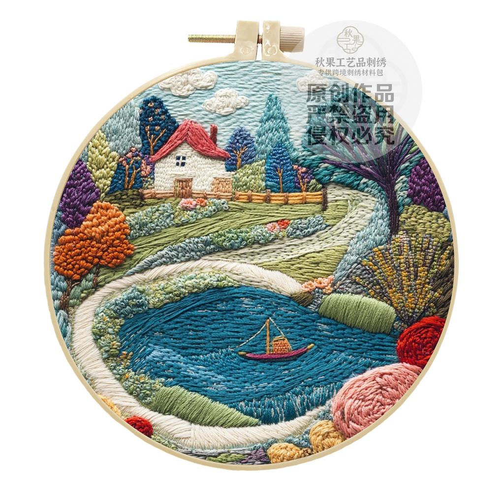 1 набор Серия «Пейзаж прибрежного коттеджа», набор материалов для ручной вышивки, простой учебник для начинающих и инструменты для вышивания крестом, набор материалов из крафтовой ткани