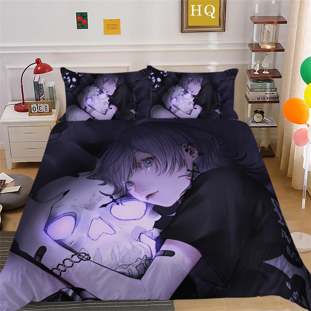 3D Horror Patterned Printed Bedding Set with Skull Head Pattern Down Duvet and Pillowcase 2/3 Pieces Halloween Festive Atmosphere Home Decoration