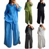 Women's Cotton Linen 2 Piece Outfit Casual Long Sleeve Button Down Drawstring