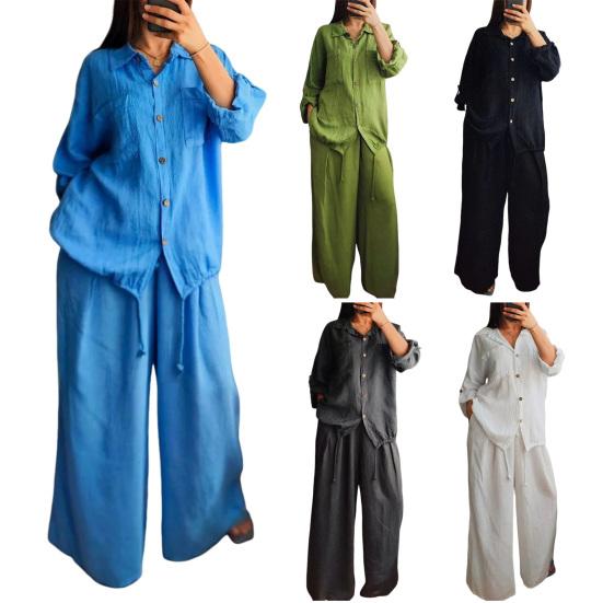 Женский комплект из хлопка и льна, 2 предмета, повседневная блузка с длинным рукавом на пуговицах и брюки с широкими штанинами, с кулиской по низу, для отдыха
