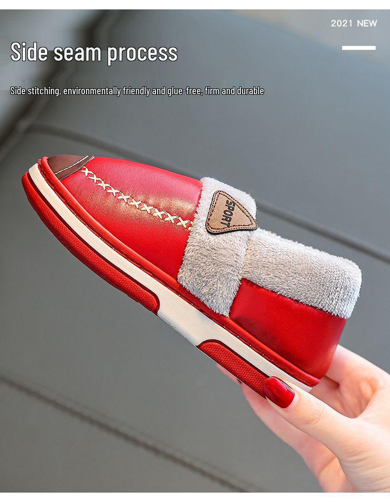 Водонепроницаемые Нескользящие Зимние Теплые Хлопковые Тапочки с Бархатом и Искусственной Кожей для Мужчин, Женщин и Детей