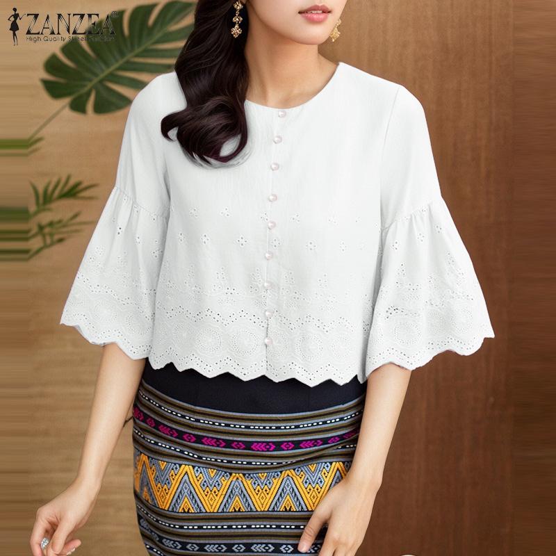 ZANZEA Женская повседневная блузка с круглым вырезом и рукавом 3/4 с вышивкой