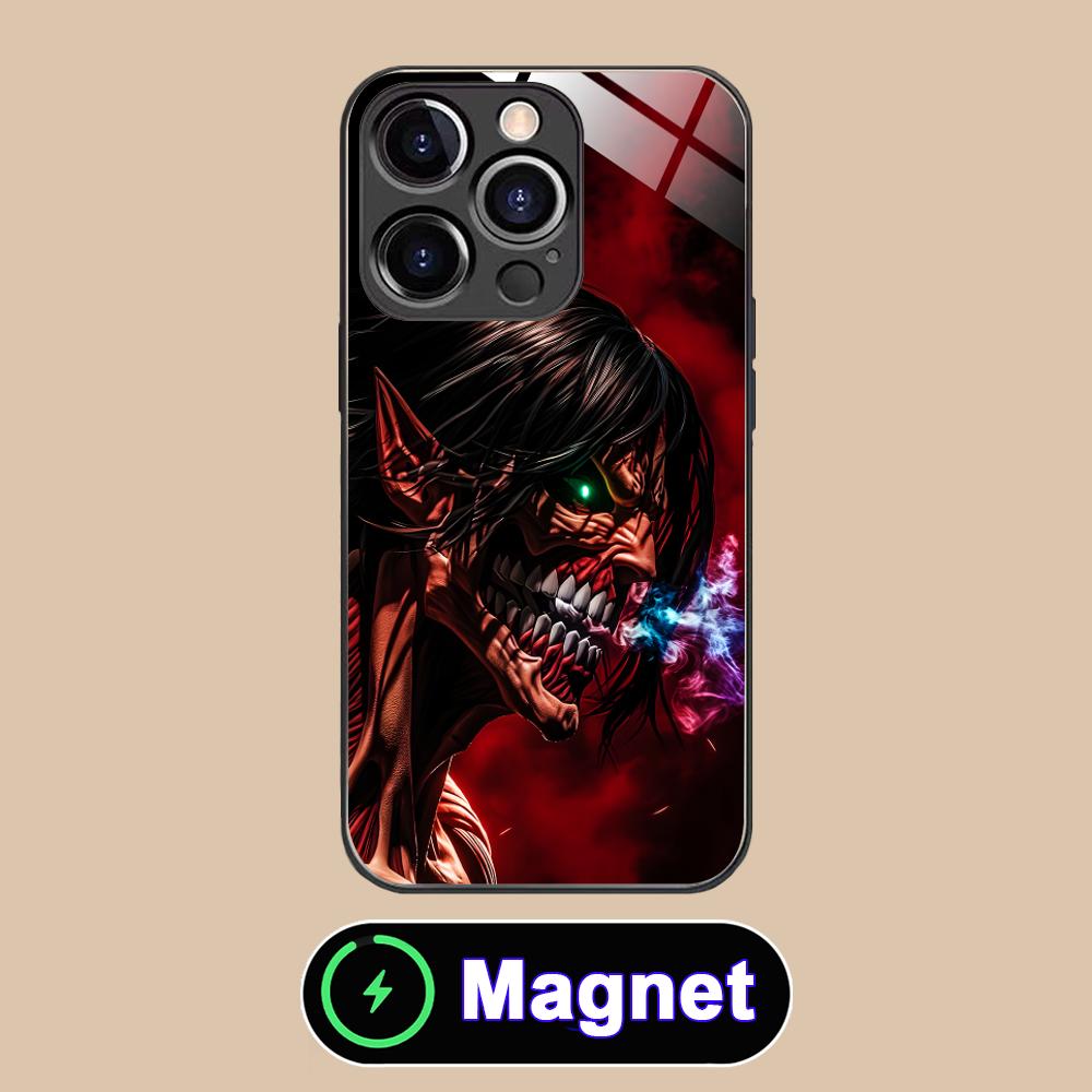 Стеклянный чехол AOT Eren Yeager MagSafe для мобильного телефона iPhone 17 16 15 14 13 12 11 Air Pro Max Plus Mini Цветная крышка
